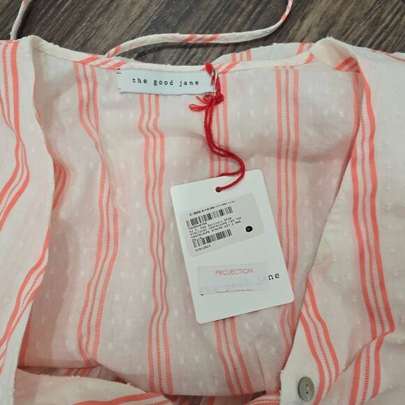 The Good Jane Striped Button Front Peplum Top Puff Sleeve NWOT Size Small (Measu - Picture 2 of 9